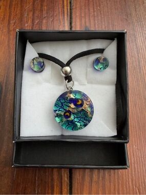 Vintage 90s Murano Glass cord necklace & stud earring set in original box